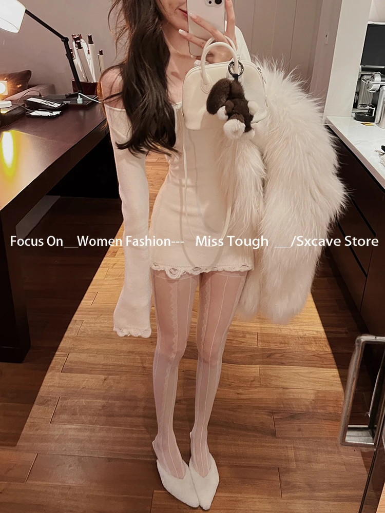 Korean Fashion Knitted Mini Dress Women Casual Y2k Clothing Evening Party Sweater Dress Office Lady Long Sleeve Bodycon Outfits