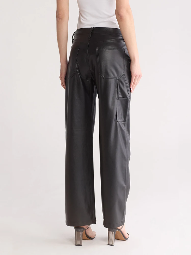 Black Matte Leather Carpenter Pants Women High Waist Faux Leather Straight Pants Ladies Stretch PU Y2K Trousers Clubwear Custom