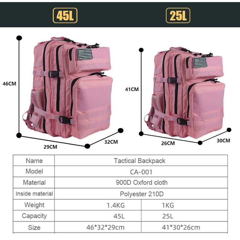 Military Tactical Backpack for Men Women Red Pink Camping Hiking Hunting 25L/45 Accessories 3P Army Molle Rucksacks Assault Bag