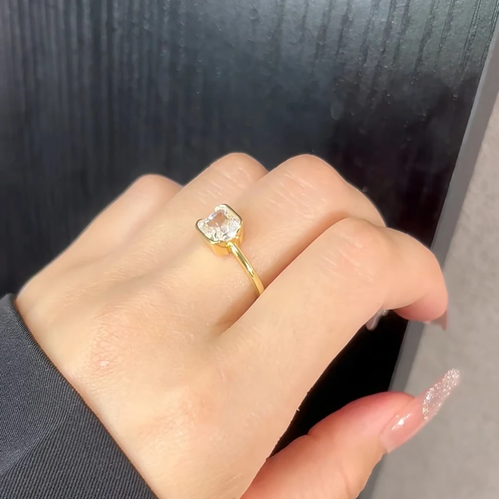 TEMGF 7*7mm Raytheon Cut Zircon Ring 100% 925 Sterling Silver Fine Jewelry for Women Daily Commuting Fashion Versatile Item