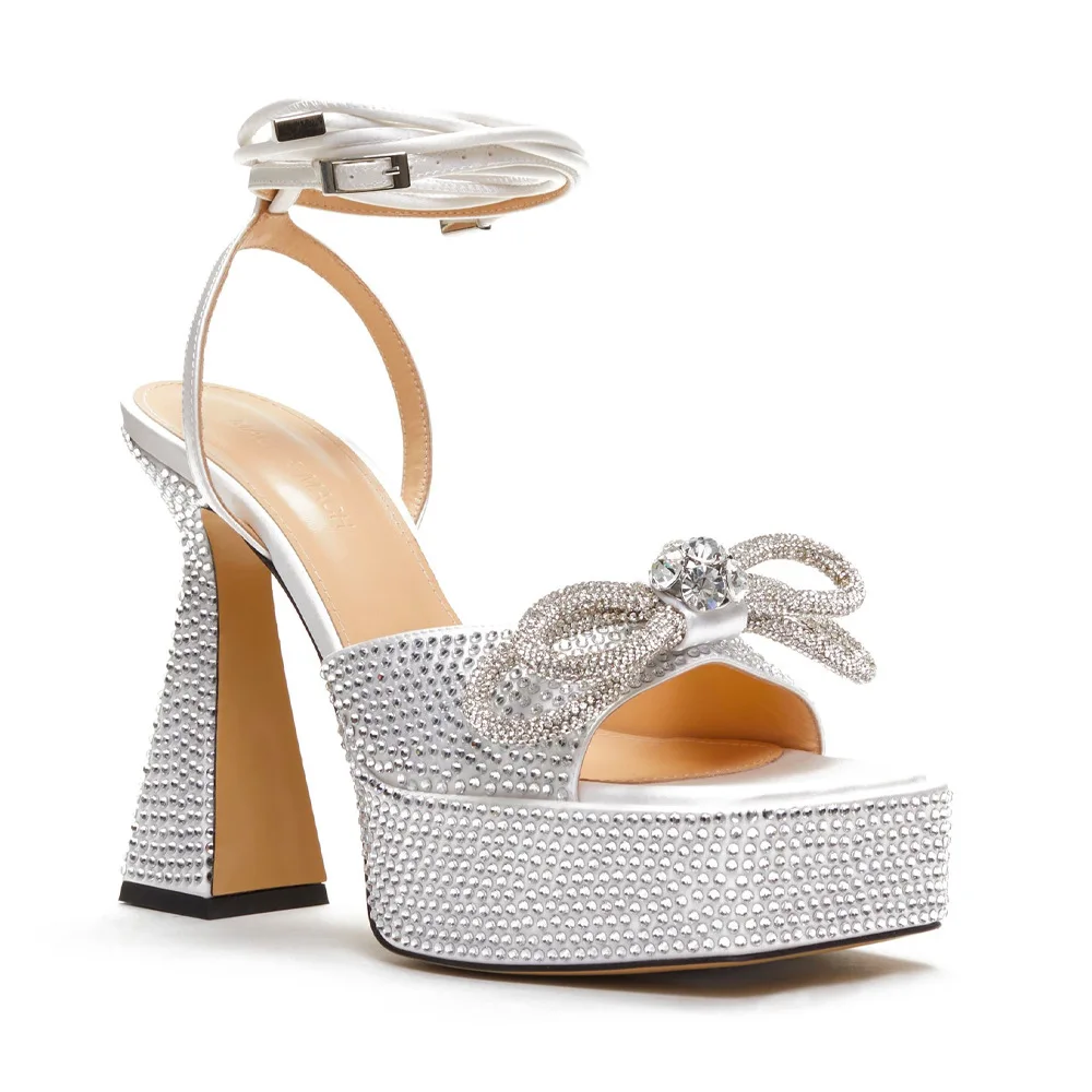 

Summer Women's Square Toe Satin Rhinestone Bow Open Toe Platform High Heel Sandals Fashion Party Evening Catwalk Shoes Chaussure
