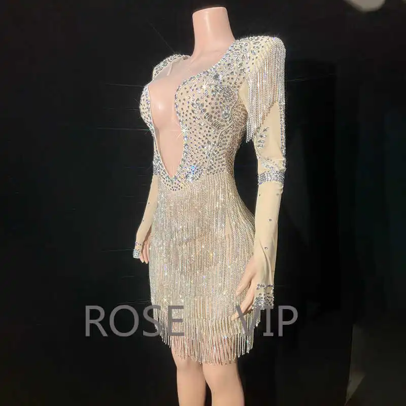 Deep V Sexy Dress Rhinestone Fringe Mesh Dress Singer Performing Costumes Nightclub Bar Vestido De Festa Luxo Gogo Dance Costume