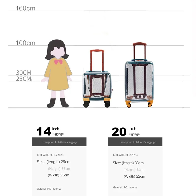 Dos desenhos animados mala transparente para crianças, bagagem de rolamento, leve Trolley Case, Universal roda mala de viagem, mochila, novo, 14"