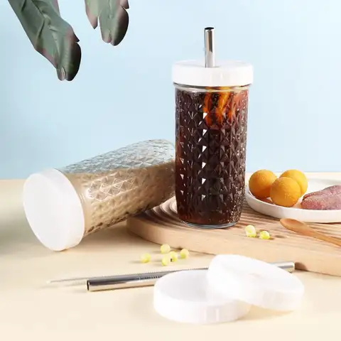 2-पैक 24oz ग्लास कप टम्बलर ढक्कन और स्ट्रॉ के साथ, पुन: प्रयोज्य बोबा चाय कप, मेसन जार पीने के गिलास आइस्ड कॉफी कप उपहार के लिए 10 best sales बोबा कप - №3