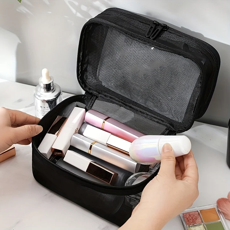 Borsa da toilette per borsa cosmetica a doppio strato, borsa da viaggio per cosmetici in rete, Organizer per trucco di grande capacità con manico