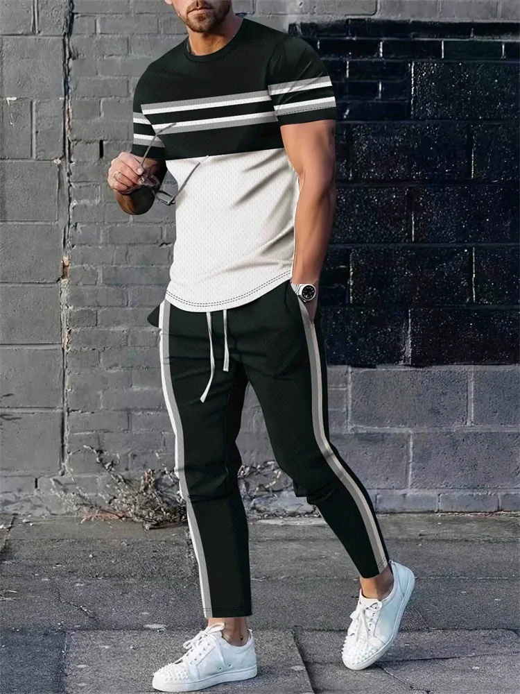 Simple Striped 3D Printed Men's Round-neck Short-sleeved Shirt And Pocketed Trousers, A Casual Men's Thin Autumn 2pcs Set