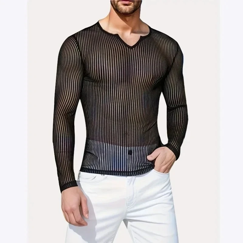 

Long Sleeve Training Skinny T-shirt Versatile Striped Cut-out See-through Top Stretch V-neck Skinny Base Shirt Men
