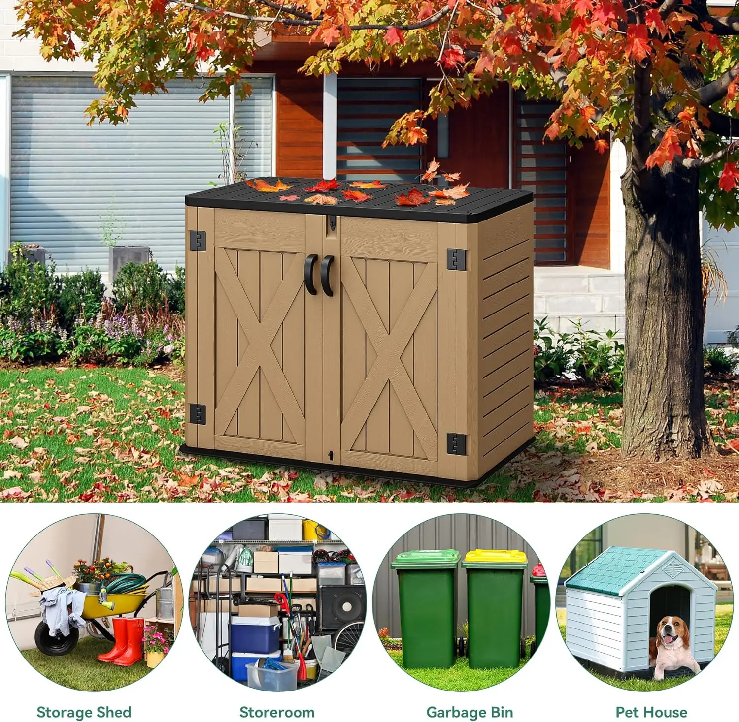 Large Outdoor Horizontal Storage Shed, 47 cu ft Resin Tool Shed w/o Shelf, Outdoor Waterproof Storage with Floor for Trash Cans