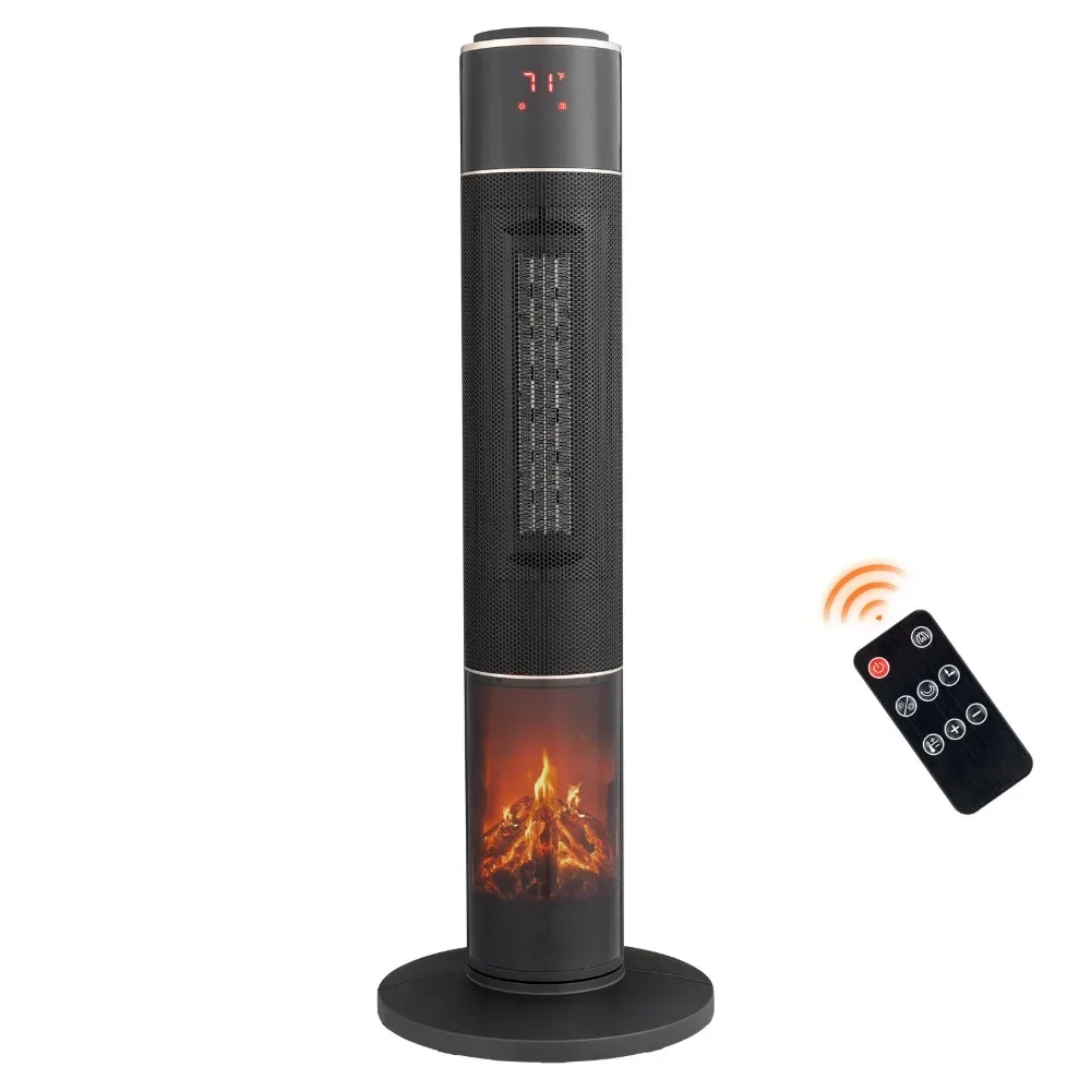 1500W Portable Electric Heater with Thermostat 60° OscillationTimer Remote Control for Indoor Tower Space Heater with 3D Flame