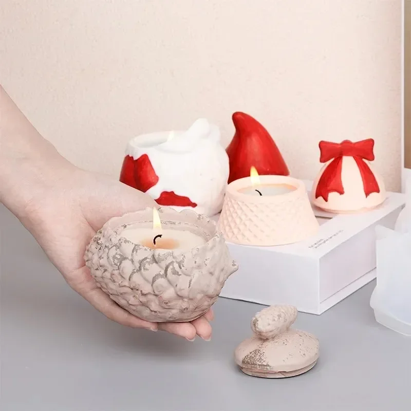 2026-Latest Models Santa Claus Aromatherapy Candle Cup Silicone Mold for DIY Gypsum Cement Jar Dropper Mould Bell Pinecone Home