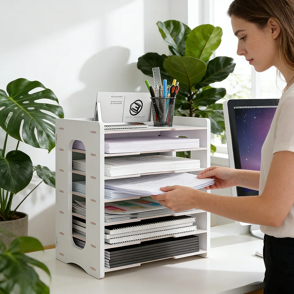 7 Layer Desktop File Organizer, White Wooden Paper Storage Shelf, DIY Assembly Document Tray for Office Supplies, A4 File Folder