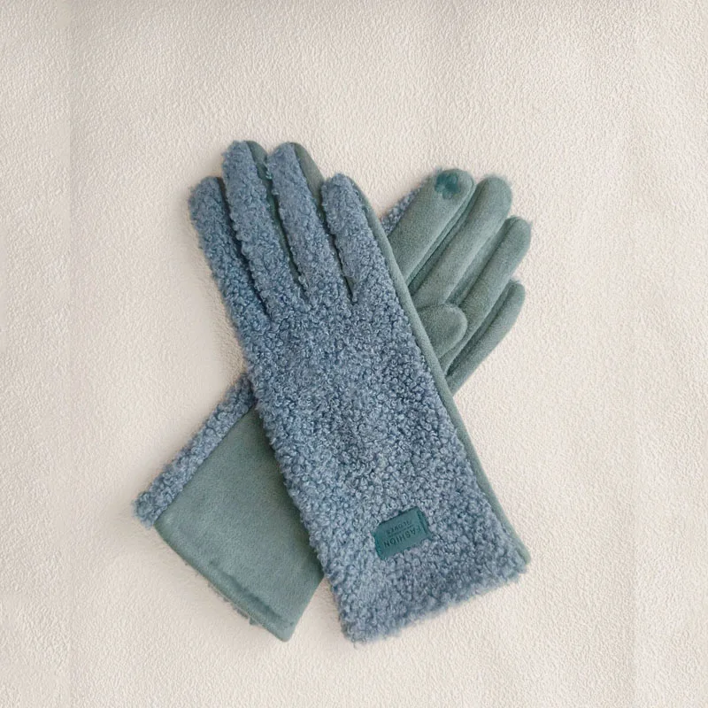 تقليد تيدي الشعر الجلد المدبوغ النساء الشتاء الدفء قفازات شاشة اللمس شخصية الموضة إضافة المخملية سميكة لينة #4