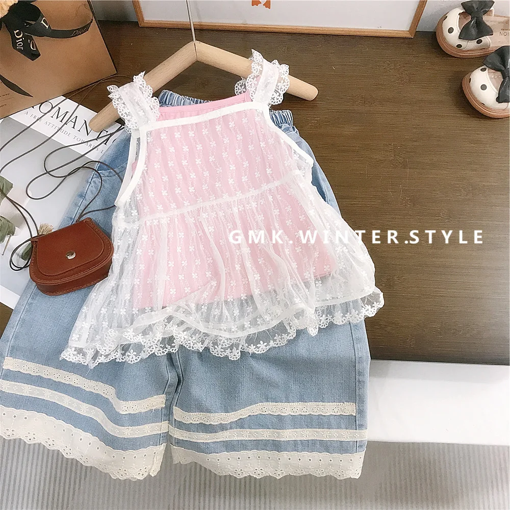 Girls Summer New Foreign Style Shirt Summer Thin Soft Pink Vest Lace Suspender Set Top fashion casual