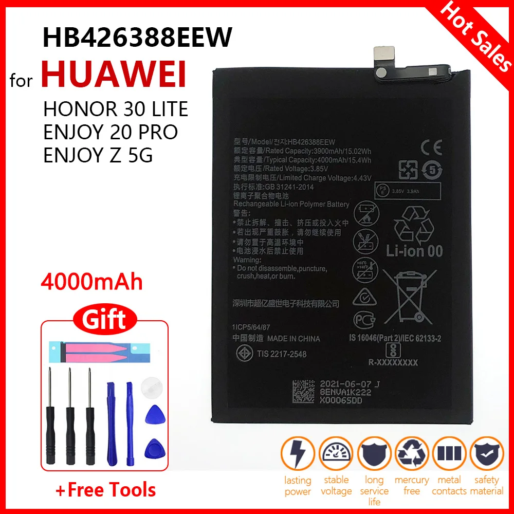 

Original 4000mAh HB426388EEW Battery for Huawei Honor 30 YONTH Lite/ Enjoy 20 Pro/ Enjoy Z Phone Replacement Bateria Batteries