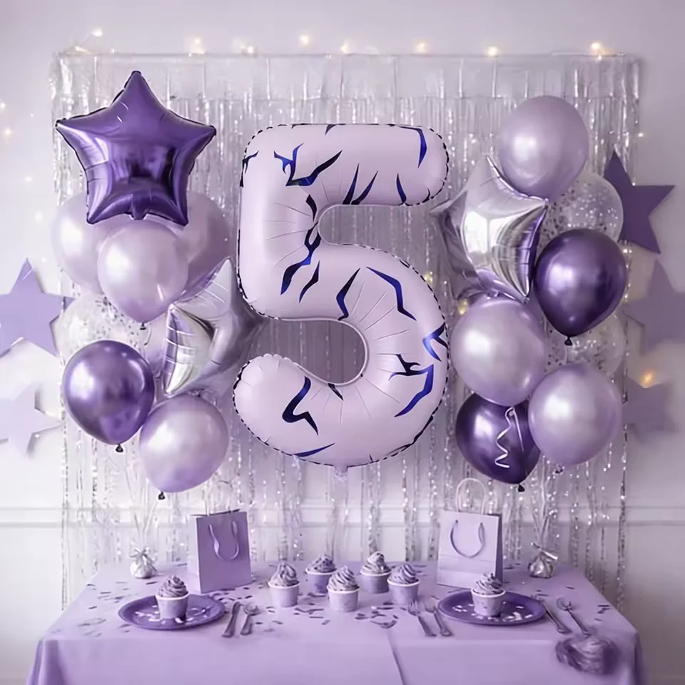 40 Inch Number 0-9 Foil Balloons Silver Purple Star Balloon Kit K-pop Team Birthday Anniversary Party Decor Supplies