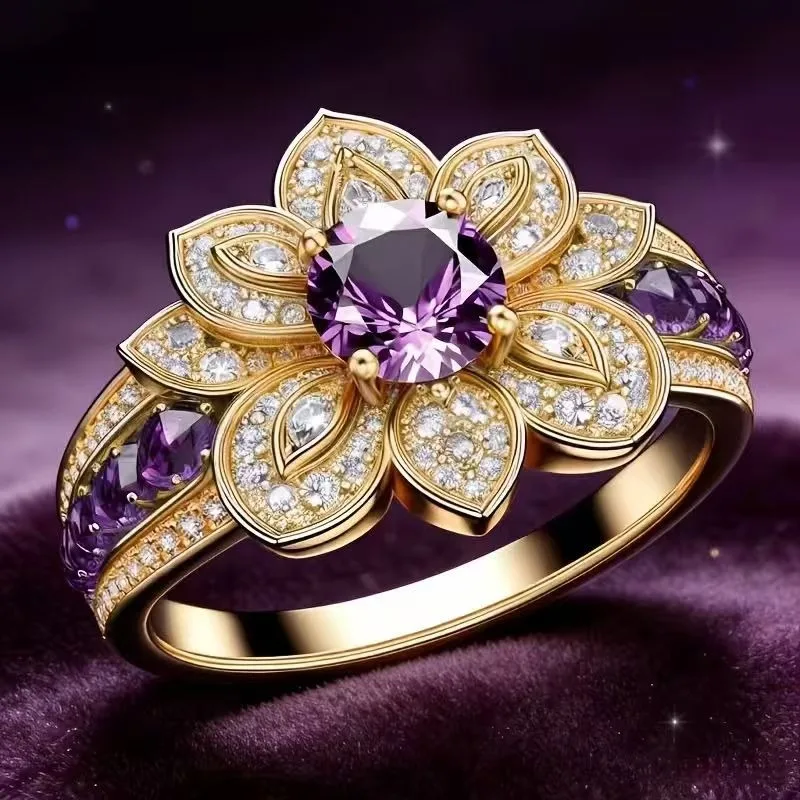 European and American new fashion retro court style sunflower shape purple zircon inlaid women's ring