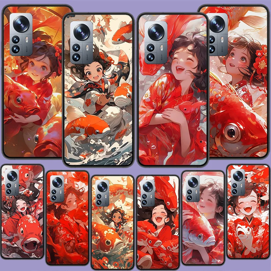 Red Lucky Koi Fish Girl Phone Case For Xiaomi Poco X3 NFC X4 GT M3 M4 M5 M5S X6 X5 F6 Pro F5 F4 Mi F3 F2 F1 Cover TPU Capa Coque