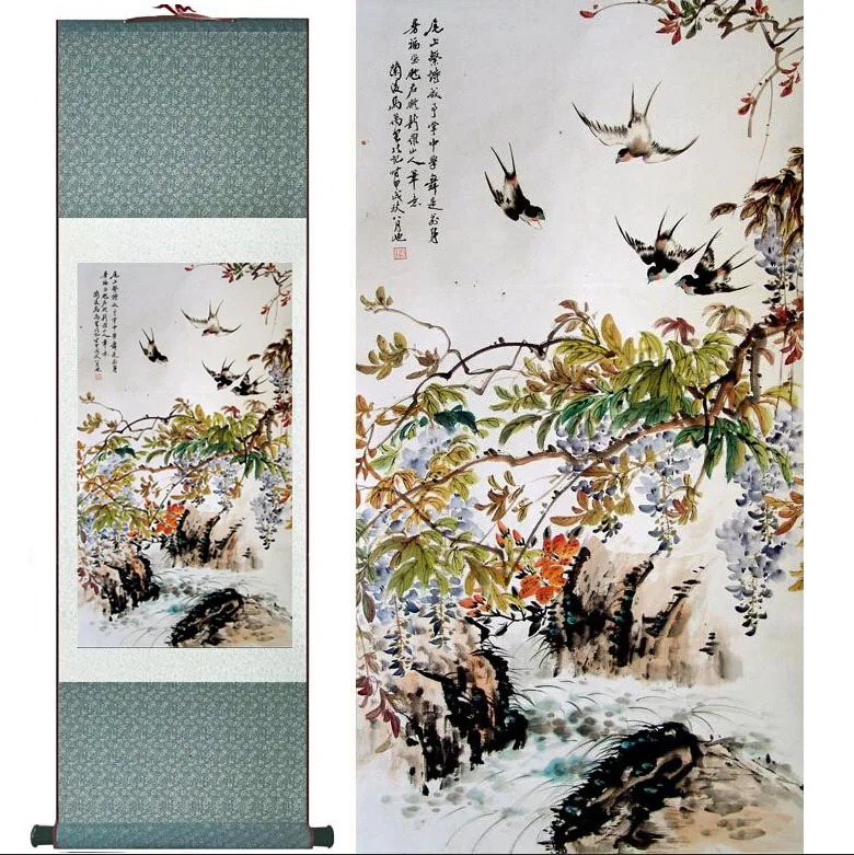 Spring   painting   Home Office Decoration Chinese scroll painting  birds and tree painting swallow paintingPrinted painting