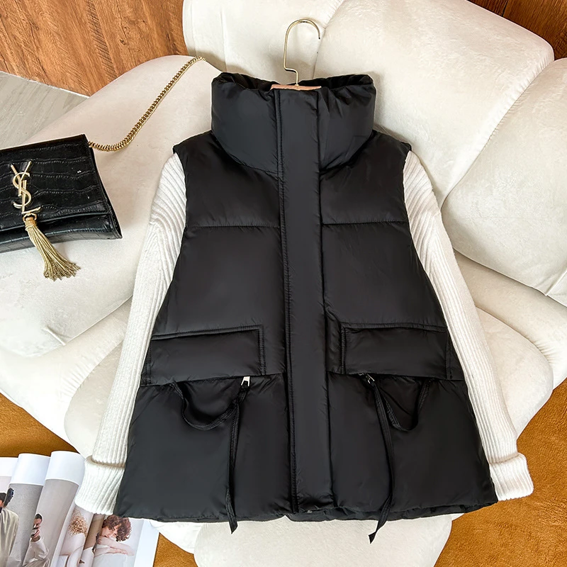 2024 New Fashionable Sleeveless Stand Collar Slant Pockets Zipper Vest Overcoat Women Winter Warm Cotton Padded Waistcoat Outer