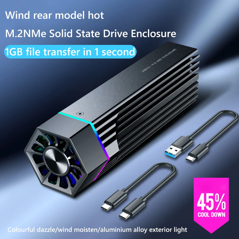 Корпус RGB M.2 NVMe M.2 NVME PCI-E к USB3.1 Gen2 Type-C 10 Гбит/с M2 чехол с охлаждающим вентилятором для M Key/B Key 2280/2260/2242/2230