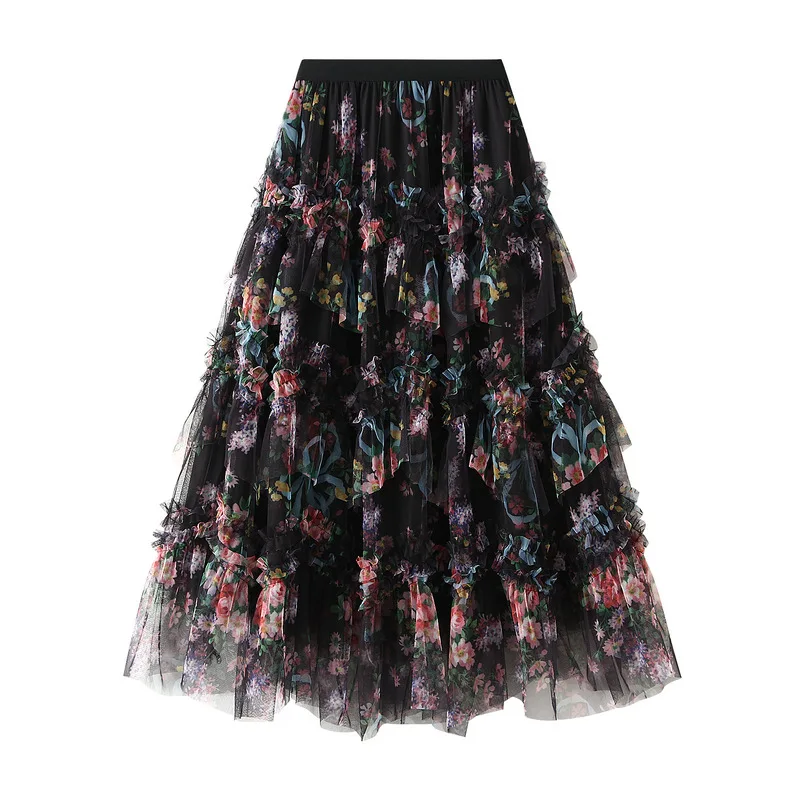 Korean Fashion Floral Long Skirts Women 2024 Spring Summer Elegant Prairie Chic Midi Skirt High Waisted A-Line Tulle Tutu Skirt