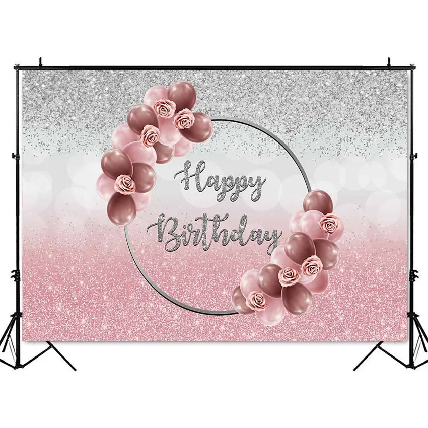عيد ميلاد سعيد الوردي والفضي خلفية خوخه بريق صورة خلفية الاستوديو بالونات حمراء ووردية زينة حفلة عيد ميلاد