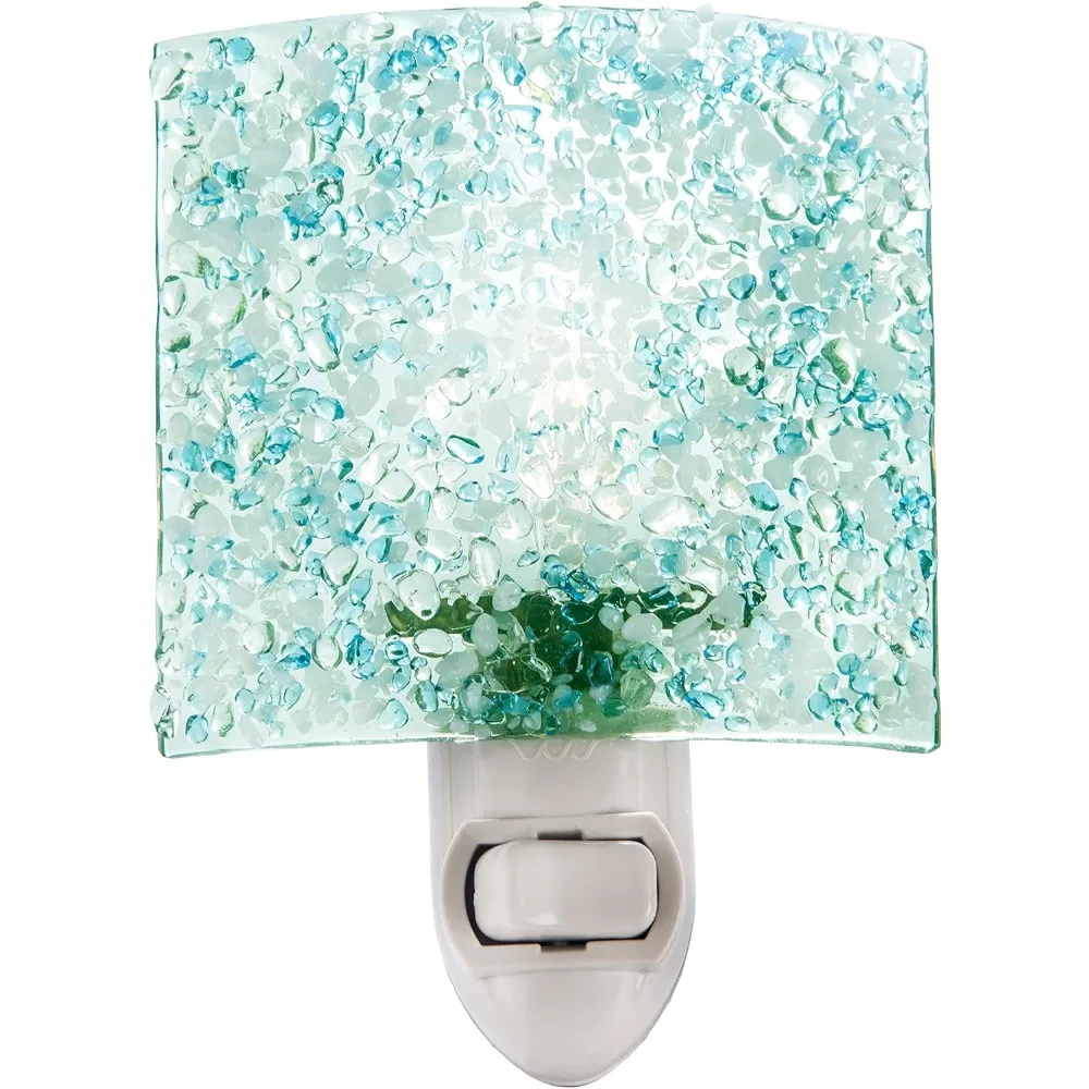 Lampa nocna z artystycznego szkła J. Devlin, wykonana z efektu szkła topionego – akwamarynowa, szałwiowa i przezroczysta, ntl 155-2