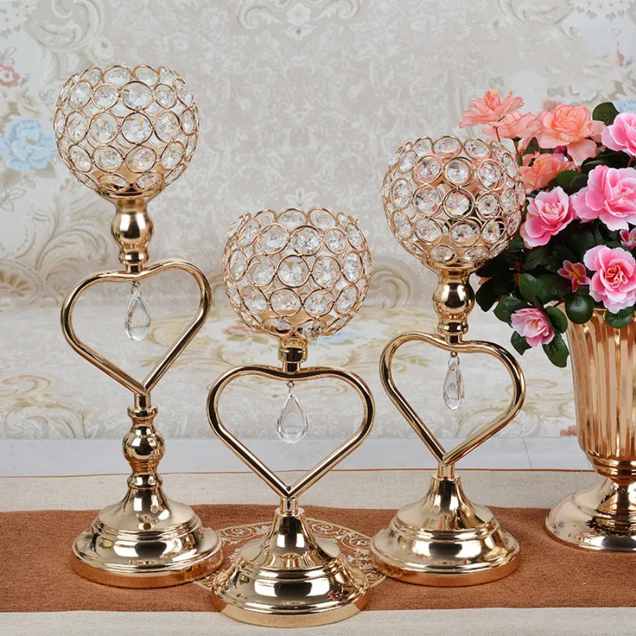 Golden Crystal Votive Candle Holder Dwarf Tealight Candle Holders, Iron Heart Candlestick Small Vintage Candlestick Set for Tabl