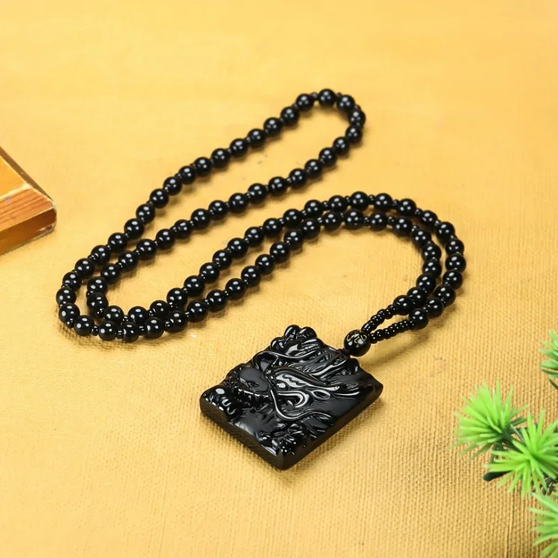 Majestic square obsidian engraved dragon amulet necklace