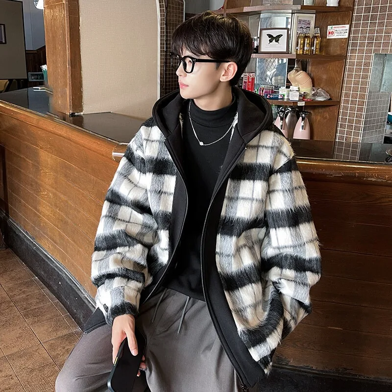 

Мужская шерстяная куртка в черно-белую клетку, осенне-зимняя новинка, имитация двухслойного пальто, корейская версия, с капюшоном, модная