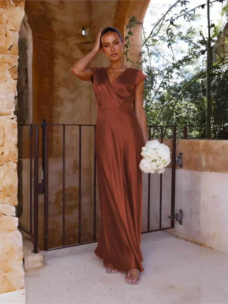 Vêtements pour femmes printemps été article Satin couleur unie Sexy col en v Sexy jupe queue de poisson tempérament robe de soirée jupe longue