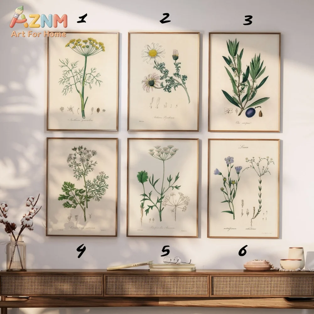 AZNM Vintage Botanical Canvas Wall Art Antique Plant Herb Illustration Print Wabi Sabi Farmhouse Home Decor Unframed