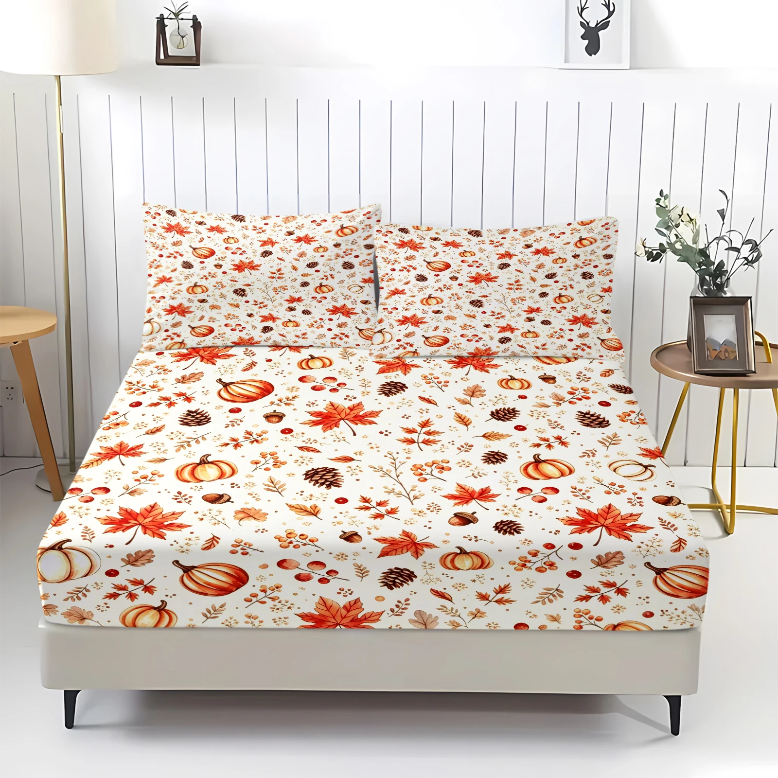 Autumn Pumpkin Maple Leaf Fitted Sheet Set Soft Elastic Deep‑Pocket Bed Sheet With Pillowcase Thanksgiving Fall Harvest Bedroom