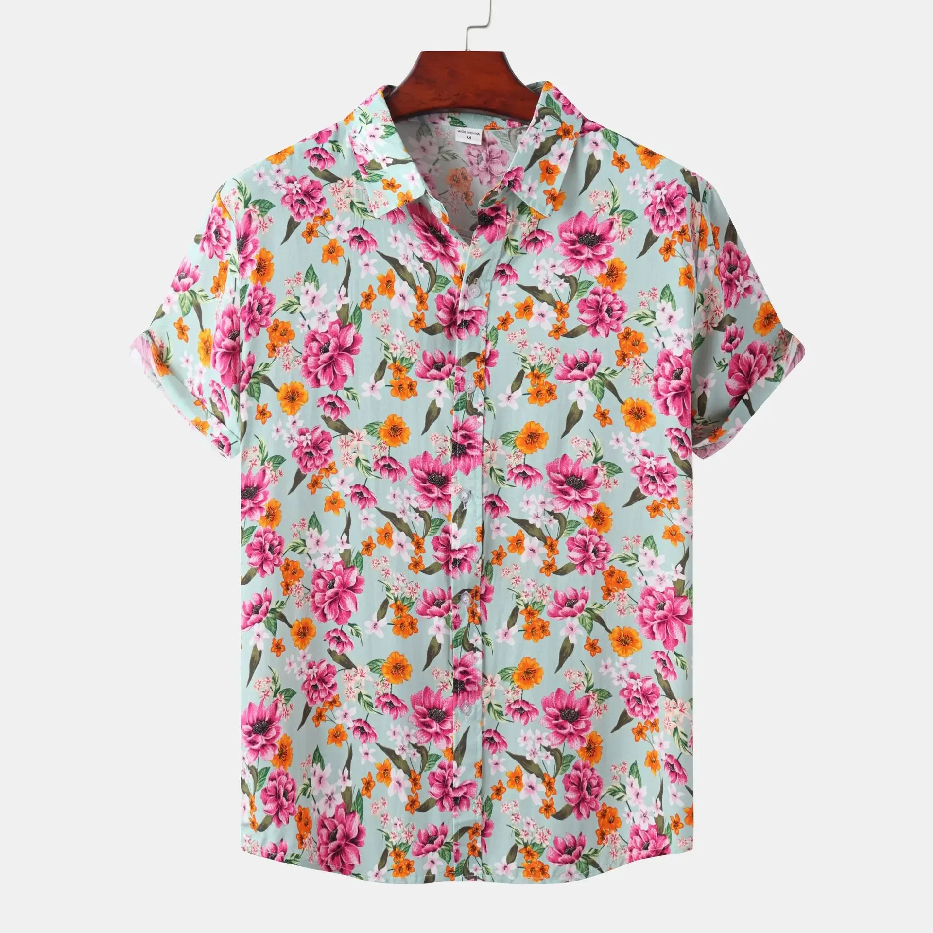 Camisa havaiana de manga curta masculina, camisa aloha praia estampa floral, preta e rosa, roupa de festa casual, verão, 2022