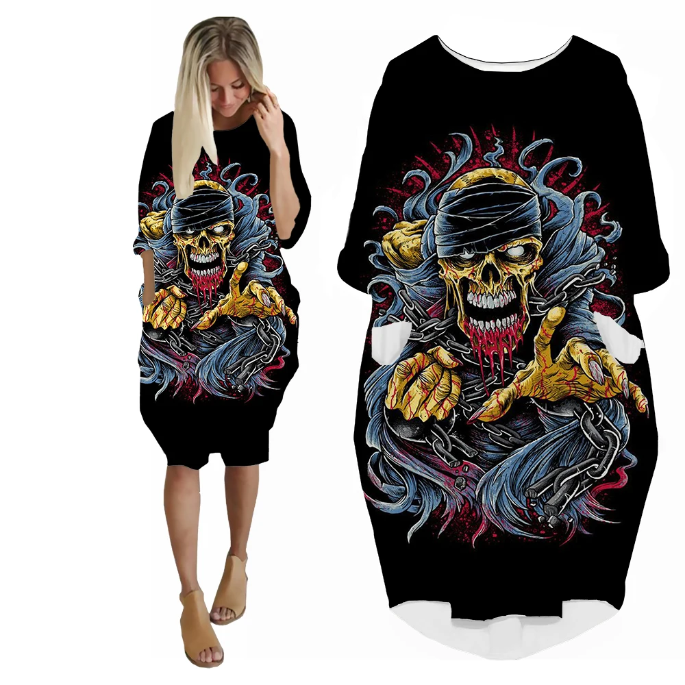 SONSPEE Latest Horror Style Pirate Skull Graphic Women's Dress 3D Print Bloody Skull Skirt Lady Casual Loose All-match Clothing