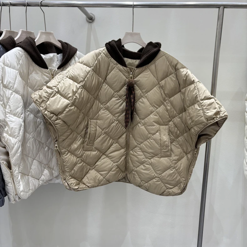 Schinteon Women's 90% White Duck Down Irregular Vest with Knitted Hood Sleeveless Jacket Fashionable Autumn Winter Cape 2026 New
