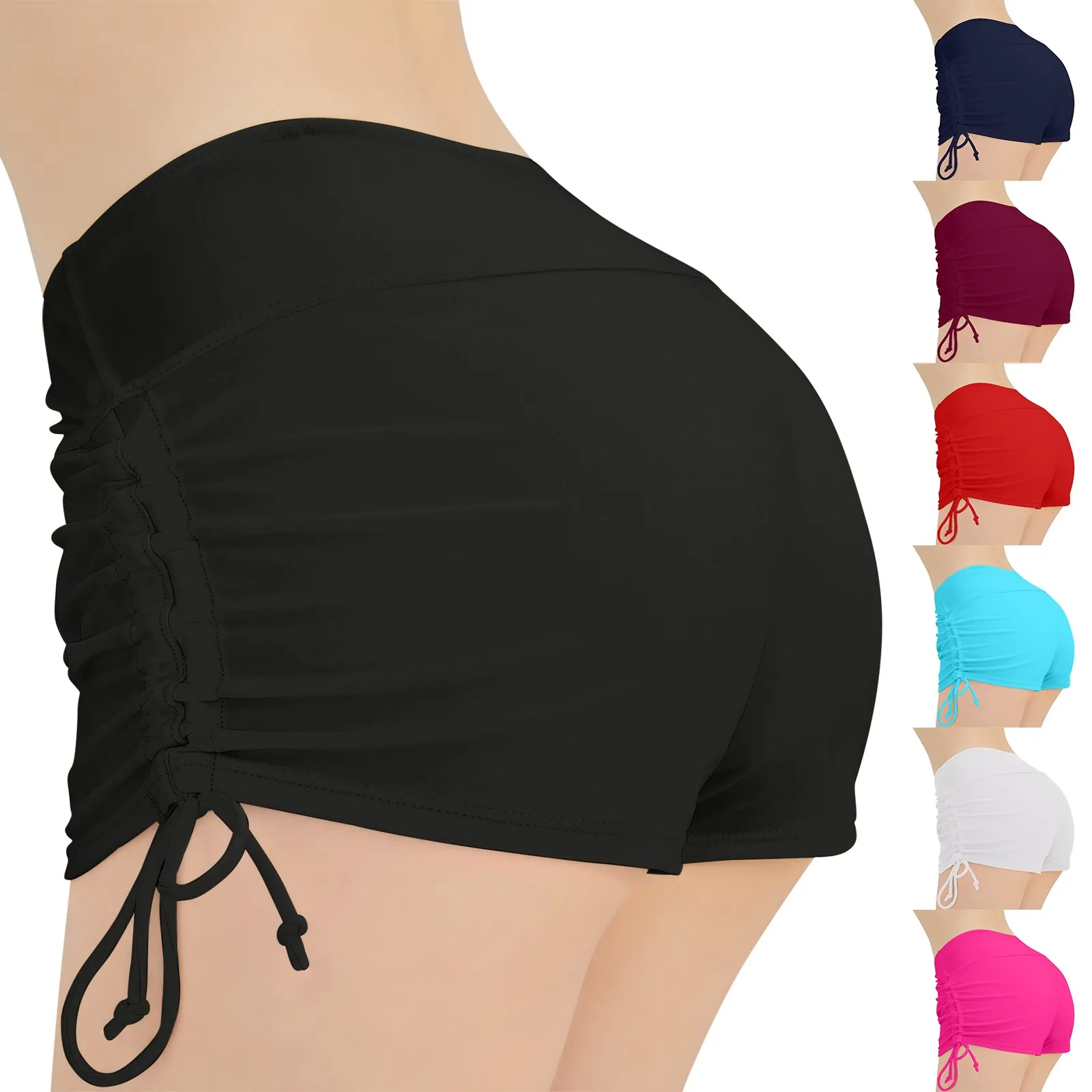 Women'S Summer Swimwear Briefs Solid Colored Boxer Beach Shorts High Waist Side Adjustable Drawstring Elastic Sports Swimsuit