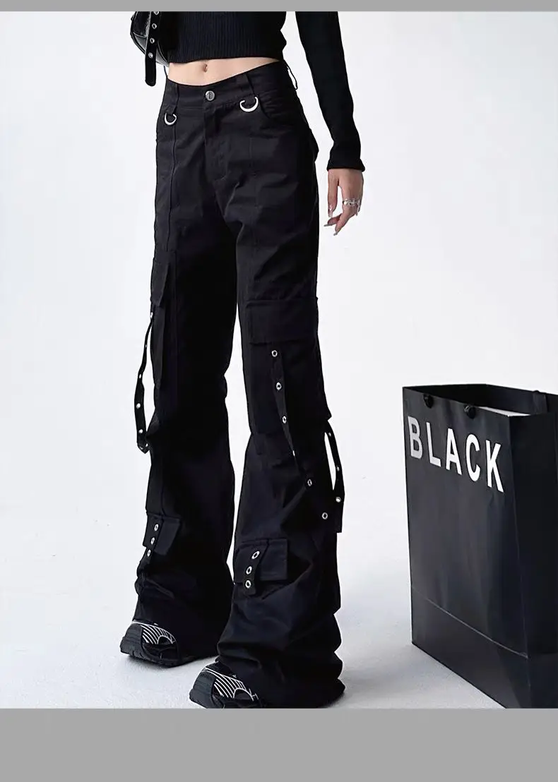 Black Gothic Cargo Flare Pants Women Vintage Harajuku Y2k 90s Retro High Waist Wide Leg Trousers Streetwear 2000s Pantalones 5 Black Gothic Cargo Flare Pants Women Vintage Harajuku Y2k 90s Retro High Waist Wide Leg Trousers Streetwear 2000s Pantalones 5