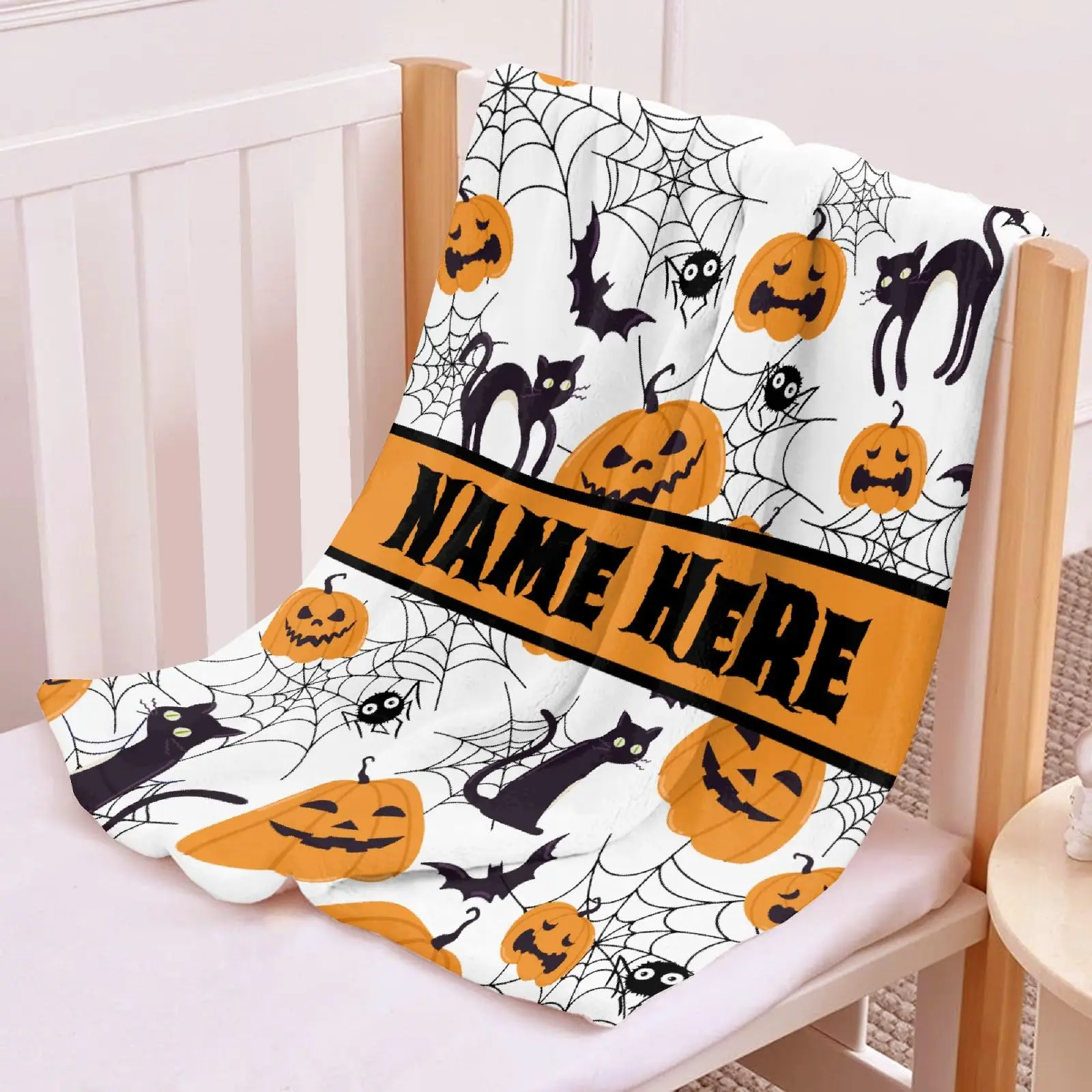 CLOOCL Custom Name Halloween Blankets Pumpkins Cats 3D Printed Flannel Throw Blankets Cozy Air Conditioning Quilts Gifts