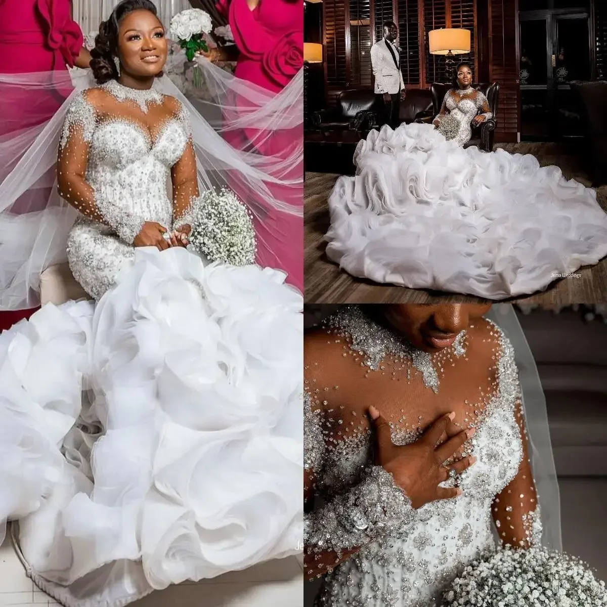 

Customized Plus Size Mermaid Custom Made Wedding Dresses Bridal Gowns Tiered Ruffles Long Sleeve Pearls Beaded Crystal Robe De M