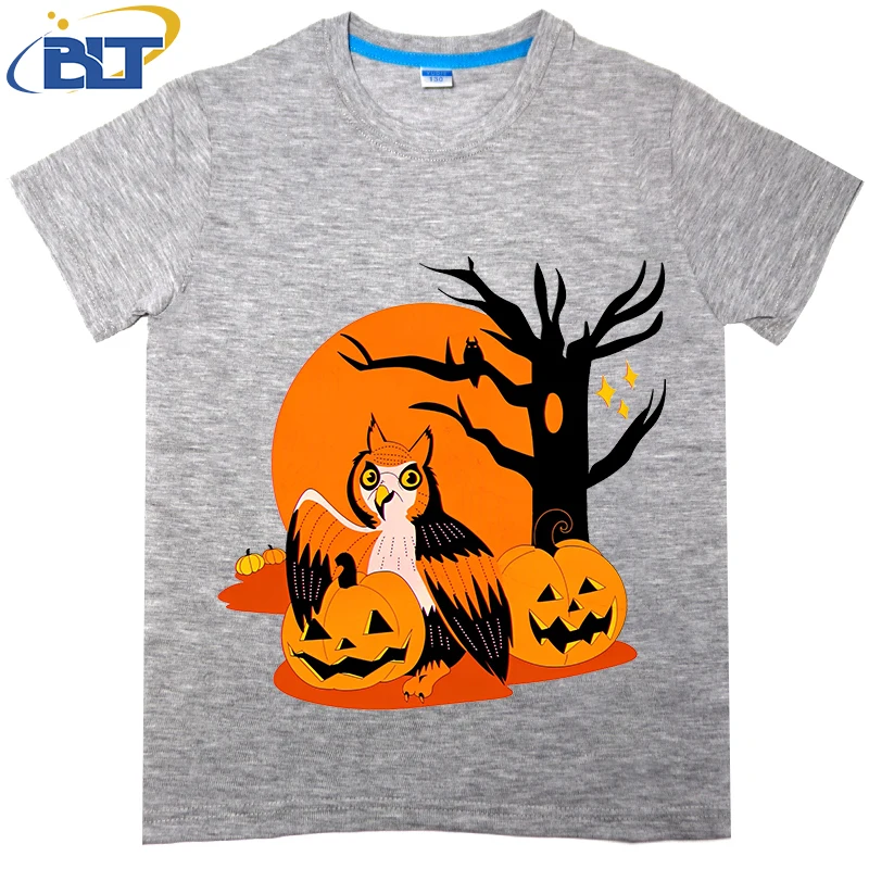 Camiseta con estampado de búho de Halloween para niños, Tops casuales de manga corta de algodón, verano, adecuado para niños y niñas