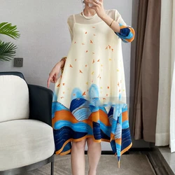 Pleated Women's Dress High end Mid length Loose Print Skirt Spring/Summer New Style  vestido feminino