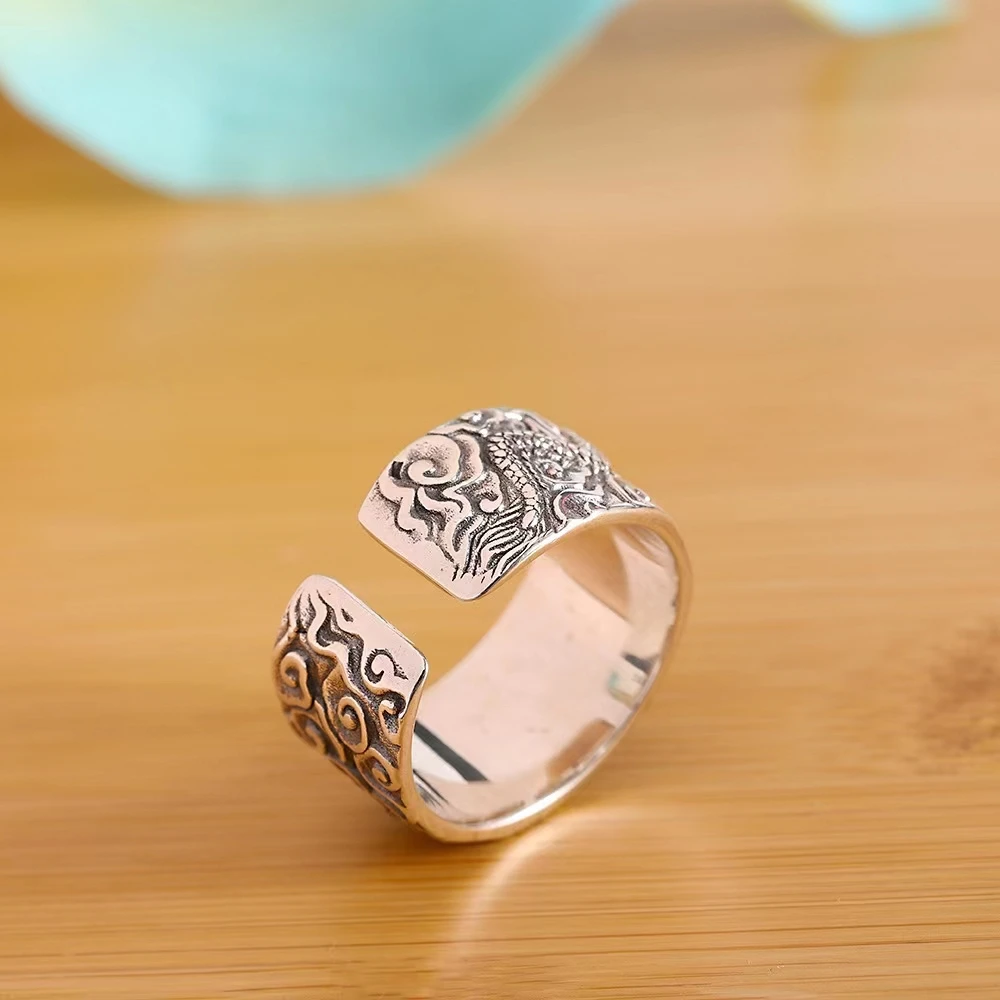 925 pure silver dragon playing with pearls men's ring retro China-Chic domineering personality opening old ring luxury