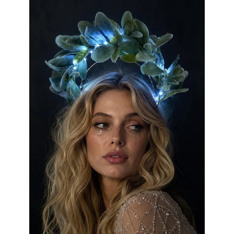 LED Light Up Leaf Halo Headband Green Faux Eucalyptus Crown with Glowing Fairy Lights for Forest Festival Boho Wedding Photoshoo