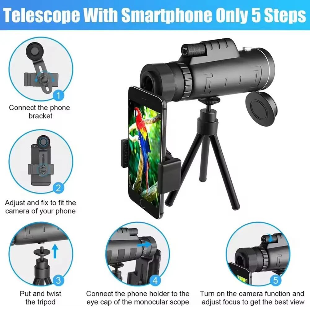 40x60 monoculaire telescopen voor volwassenen Krachtige nachtzichttelescooppen Waterdicht met smartphone-adapter/statief