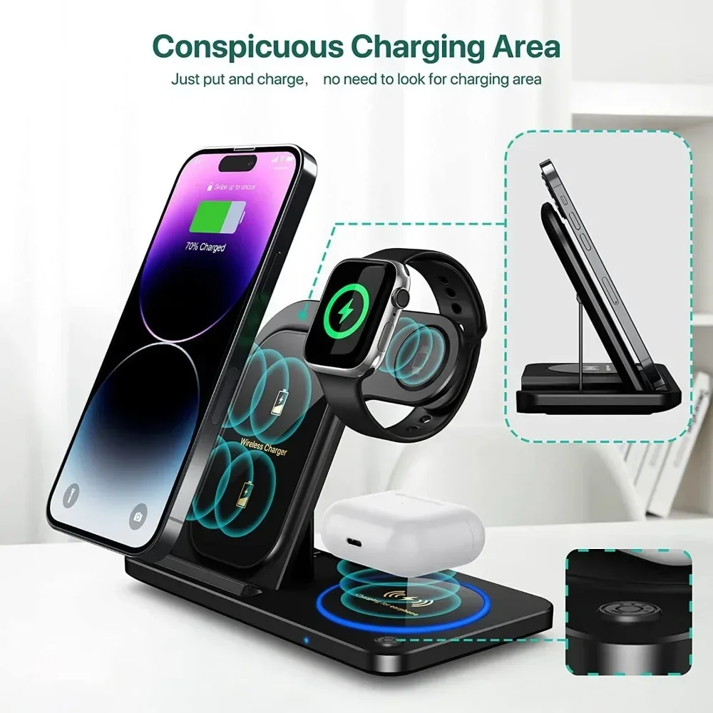 30W 3 en 1 soporte de cargador inalámbrico rápido carga inalámbrica plegable para IPhone 15 14 13 12 11 Apple Watch 9 8 7 6 5 Airpods Pro