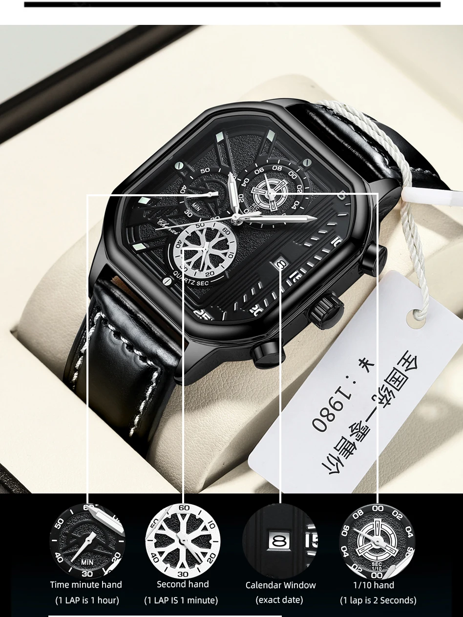 2023 Fashion Men Watch Square Dial Black Leather Chronograph Quartz Wristwatches Sports Casual Waterproof Watches For Men CHENXI