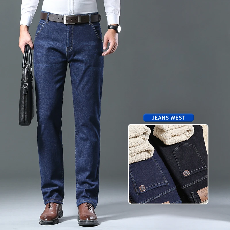 Winter Fleece Sherpa Jeans for Men Thick Business Casual Classic Straight Trousers Male Plush Wool Velvet Blue Black Denim Pants