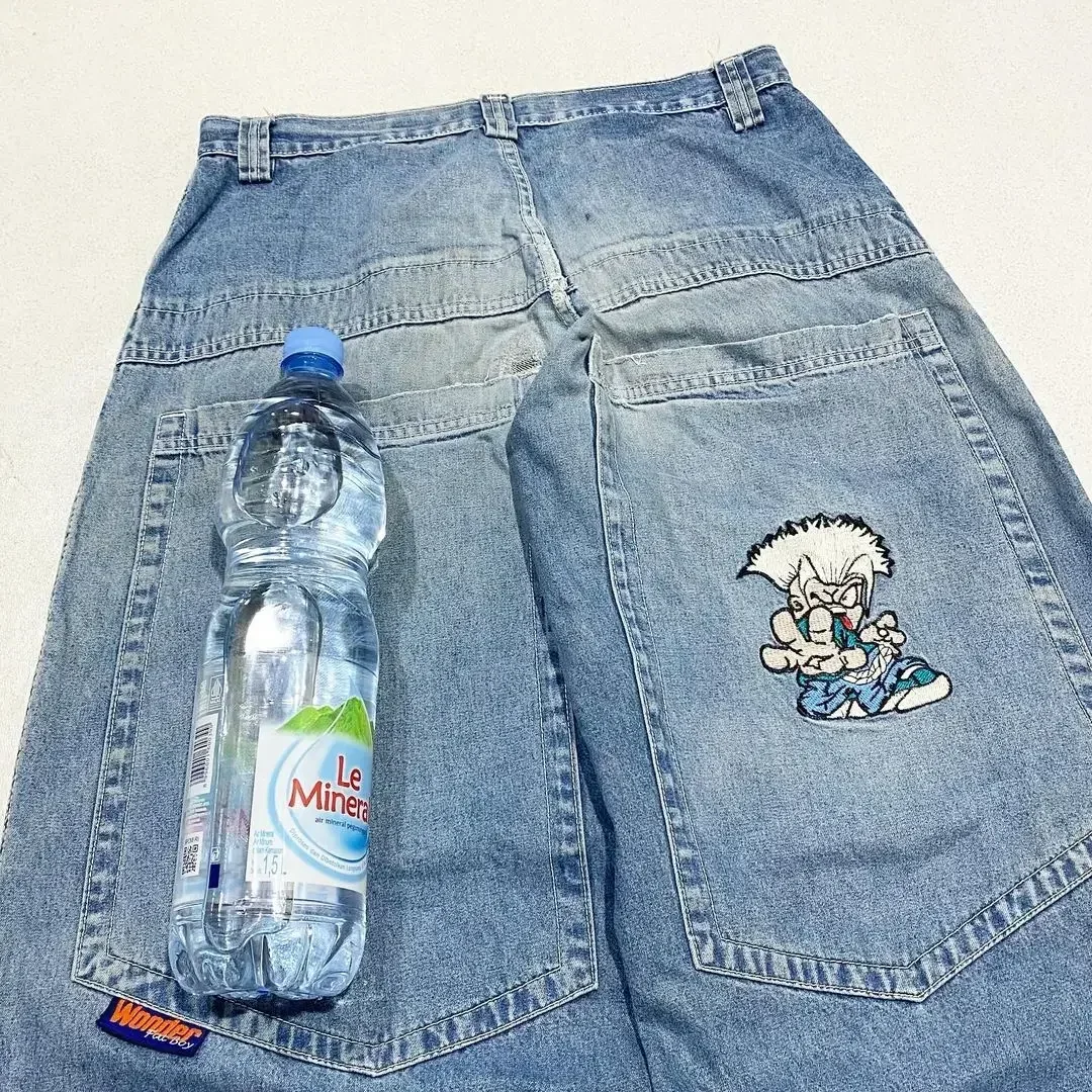 Japanese Kawaii Cartoon Characters Embroidered Light Blue Washed Baggy Jeans Y2K Harajuku Gothic Skateboard Pants Street Clothes