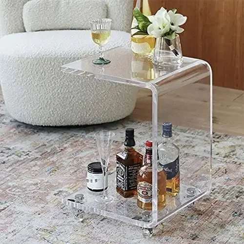Mobile C Shaped End Table,Acrylic Sofa Side Table, Snack Table On Wheels,Clear Rolling Table